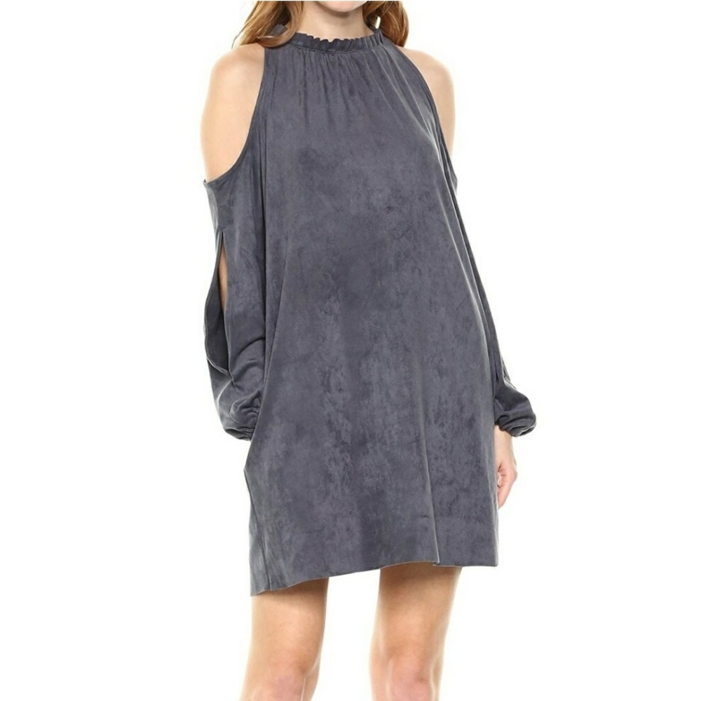 Kensie Dress Shift Faux Suede Gray Cold Shoulder
